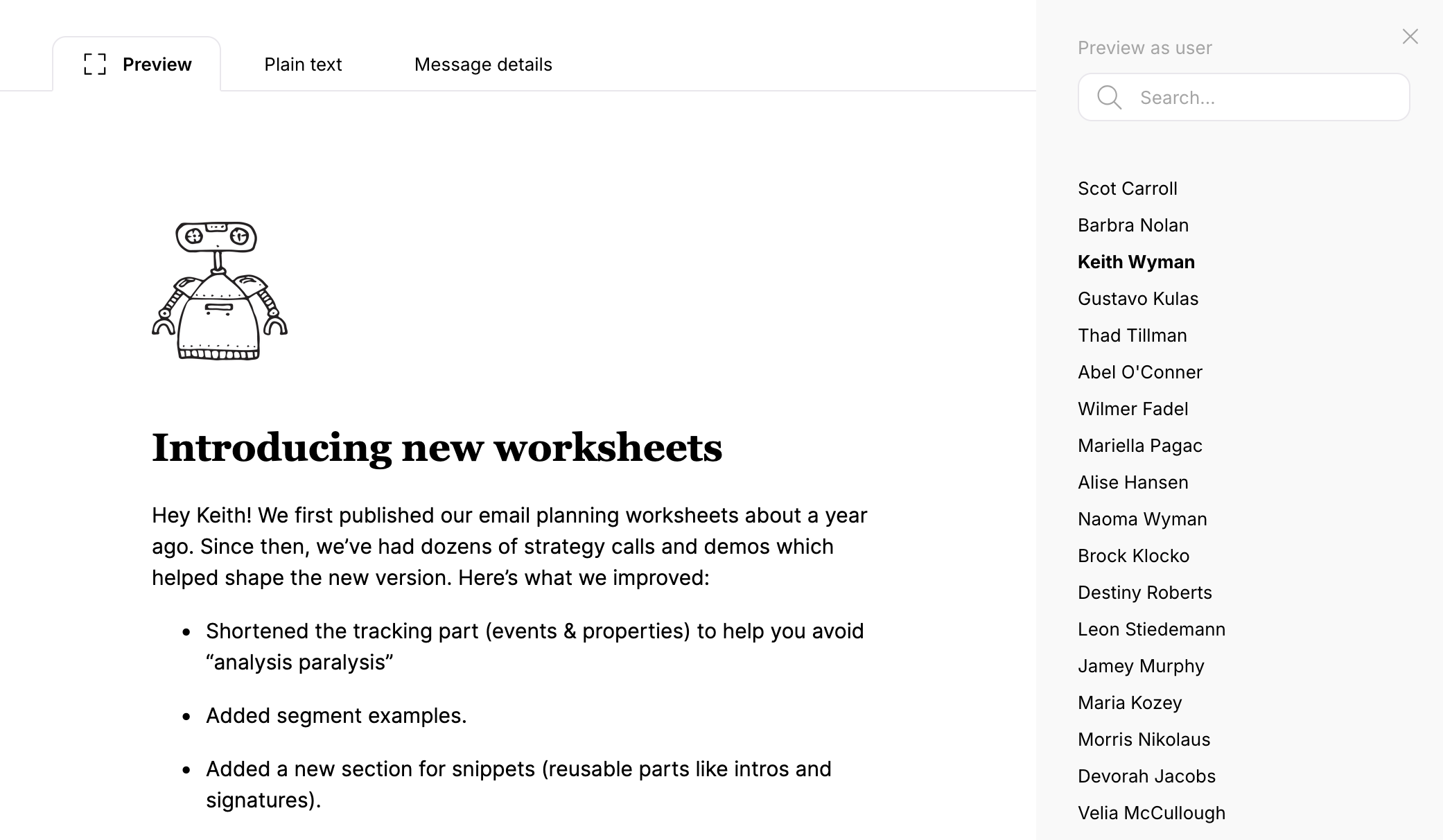 Screenshot of message preview feature on Userlist