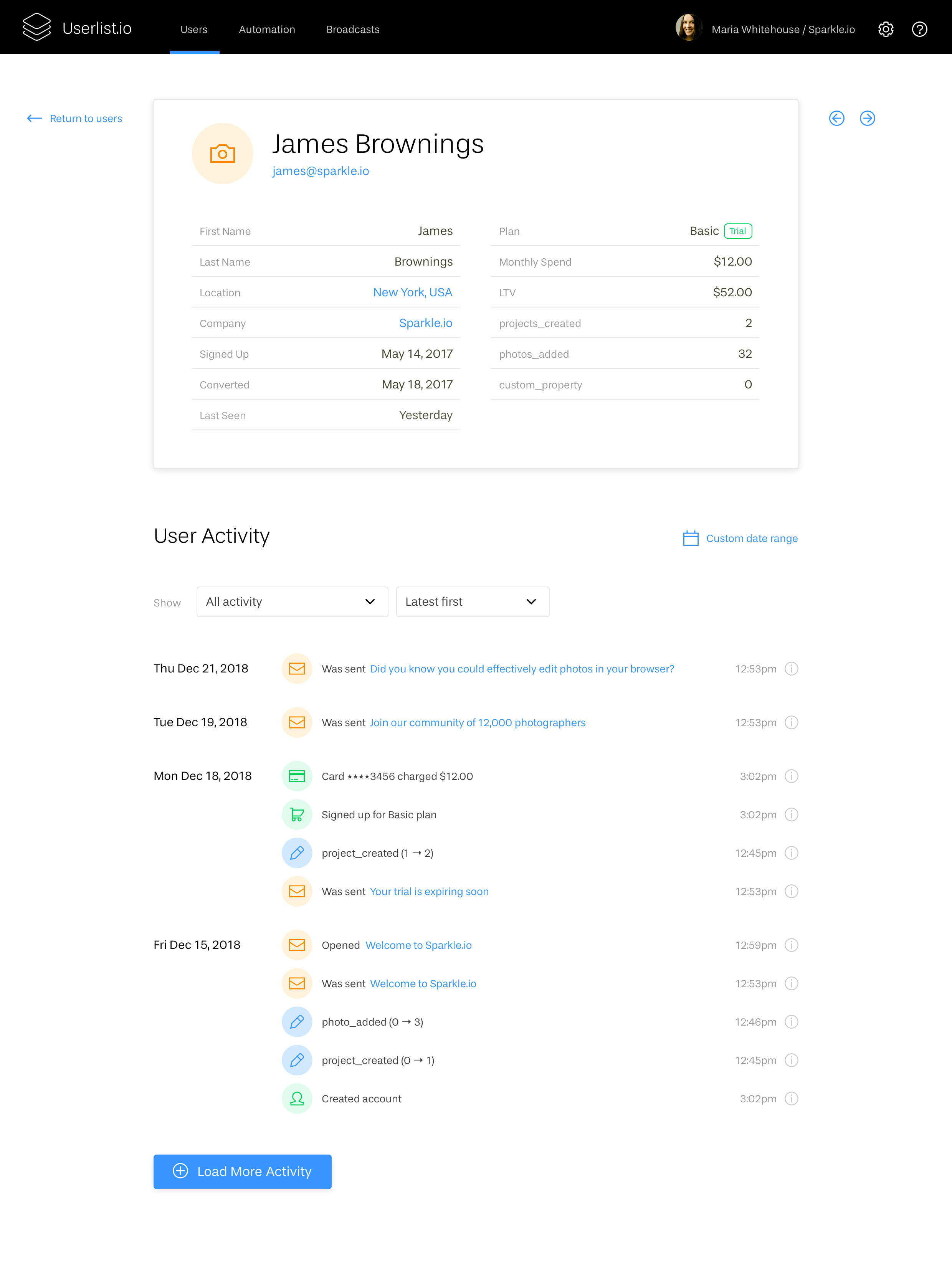 Why We’re Building Yet Another Tool for SaaS Founders: Screenshot of user profile in Userlist