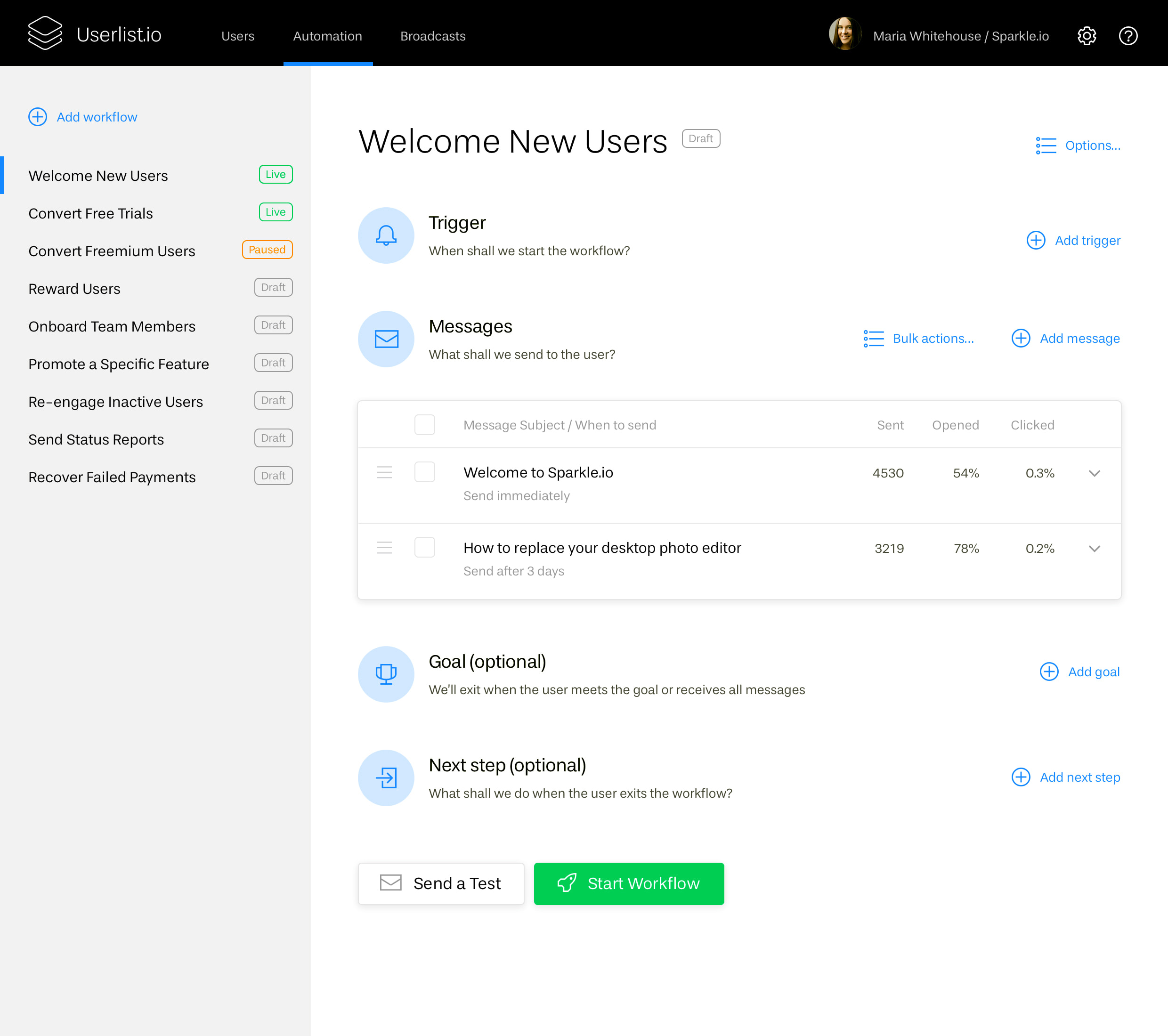 Why We’re Building Yet Another Tool for SaaS Founders: Screenshot of workflows in Userlist