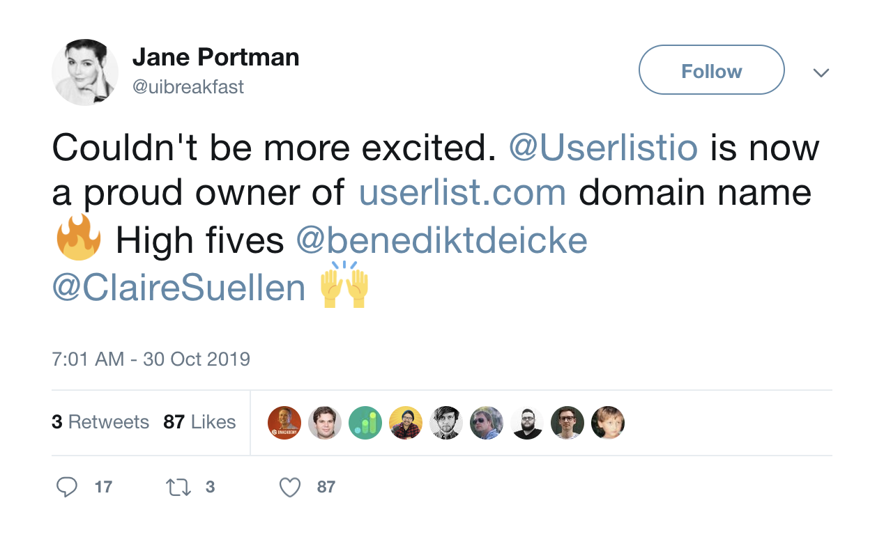 Userlist Domain Name Announcement Tweet