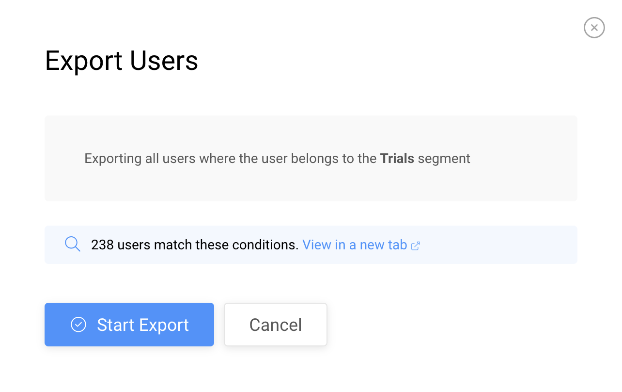 Screenshot showing user export modal on Userlist