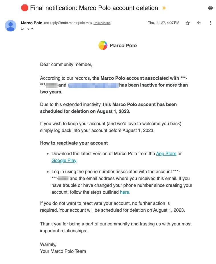 Account Removal Emails: Screenshot of Marco Polo's account notification email about pending account deletion