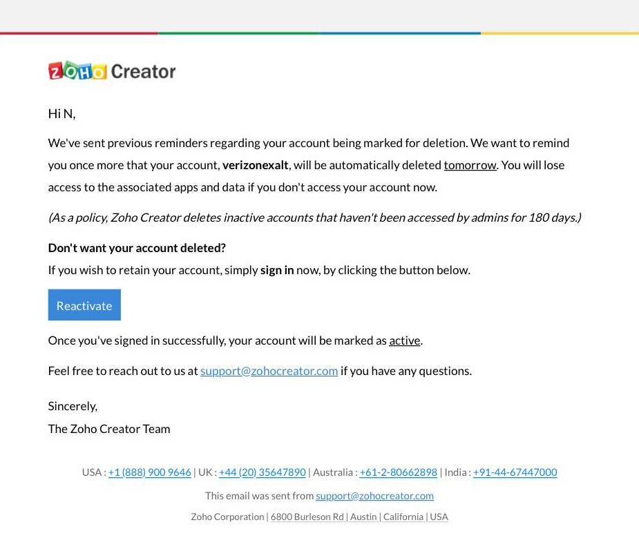 Account Removal Emails: Screenshot of Zoho Creator's account notification email about pending account deletion