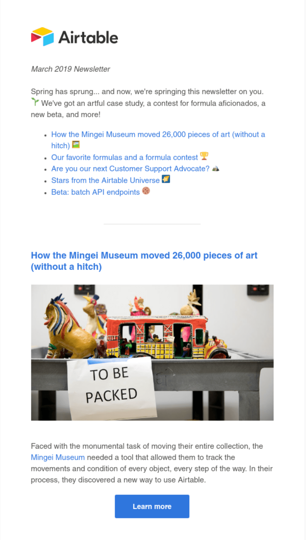 Case Study Email Examples: Screenshot of Airtable's email showcasing a customer's experience with their tool