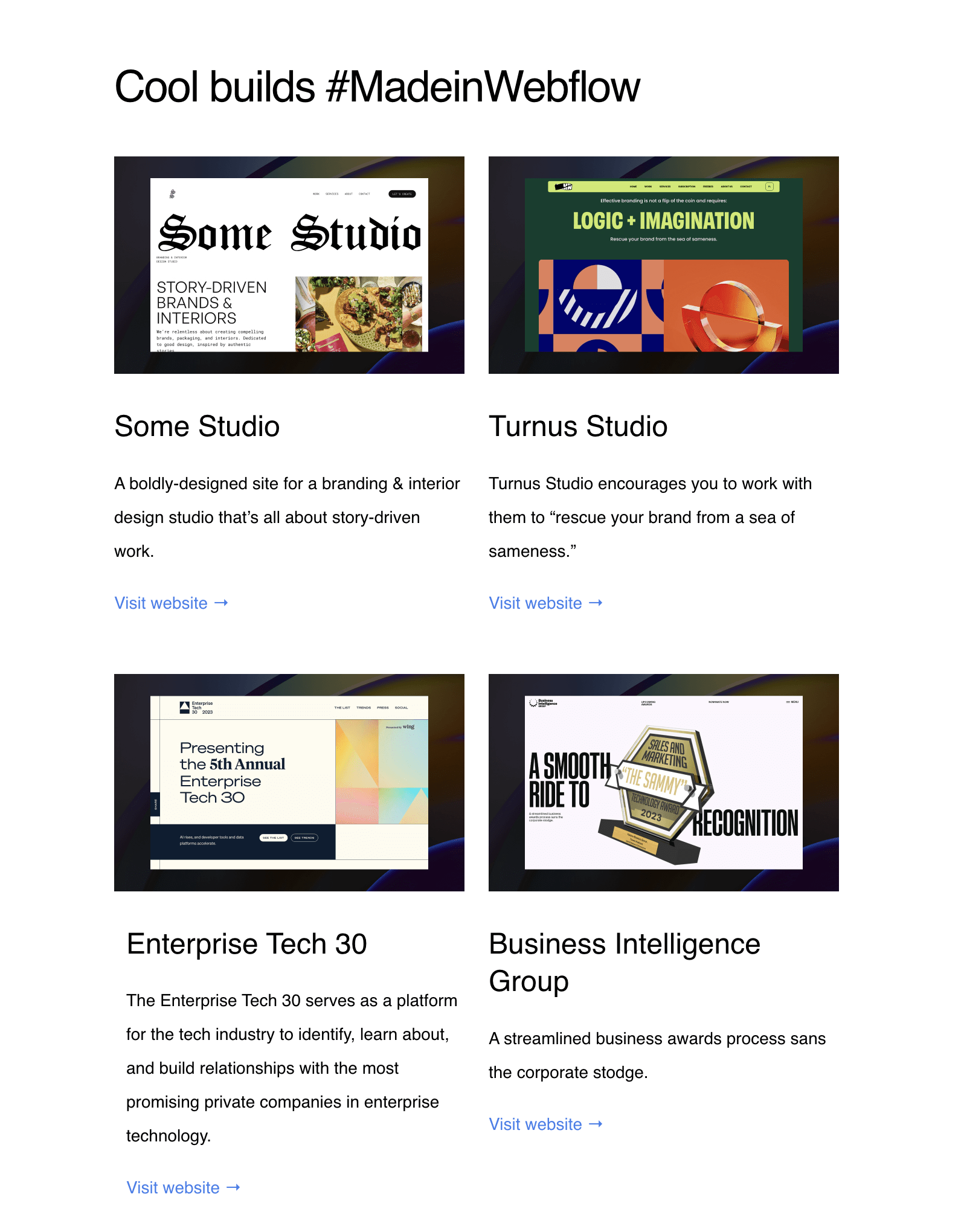 Case Study Email Examples: Screenshot of Webflow's email showcasing builds made by customers