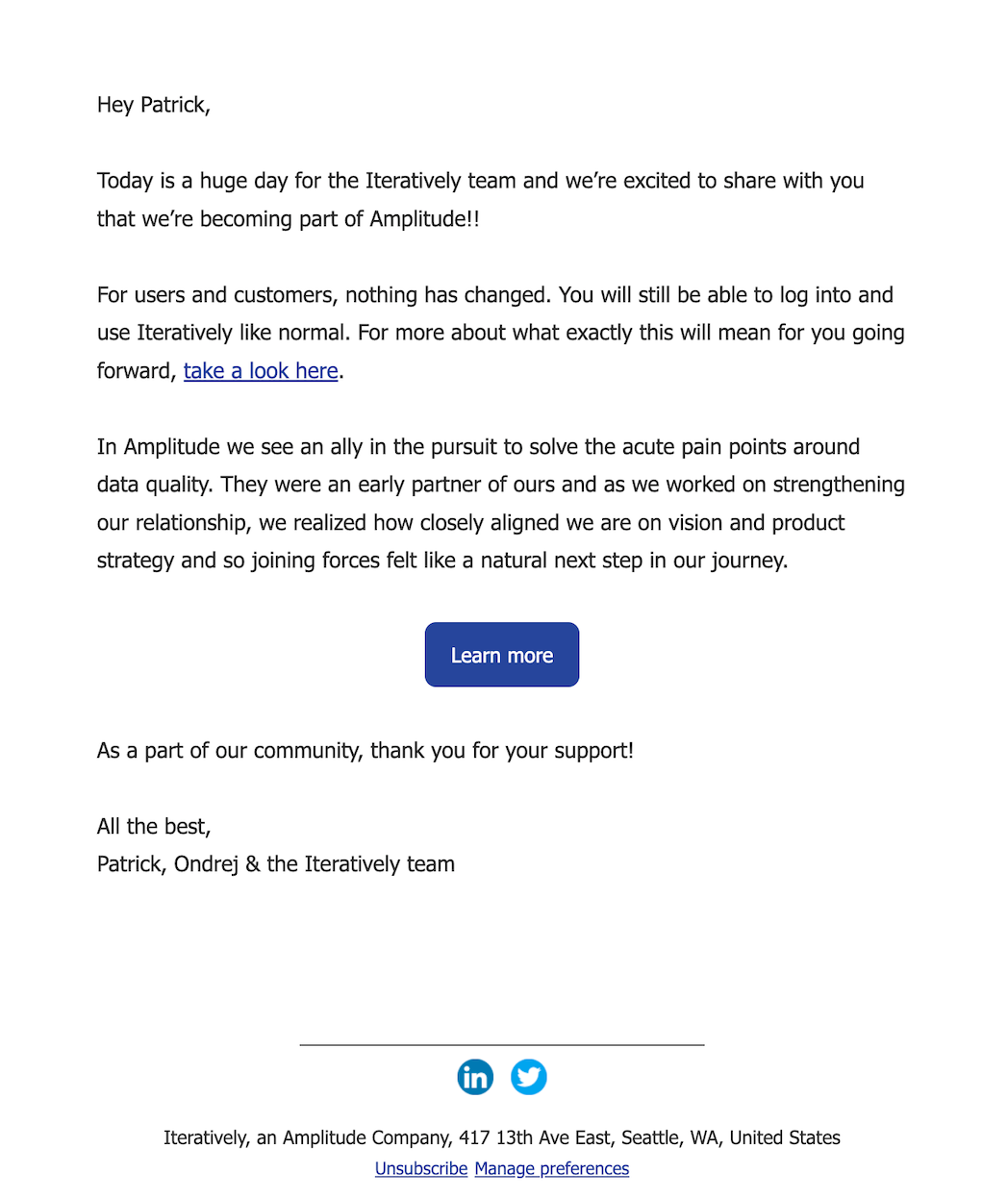 SaaS Company Acquisition Announcement Emails: Screenshot of Iteratively's announcement email when they got acquired by Amplitude