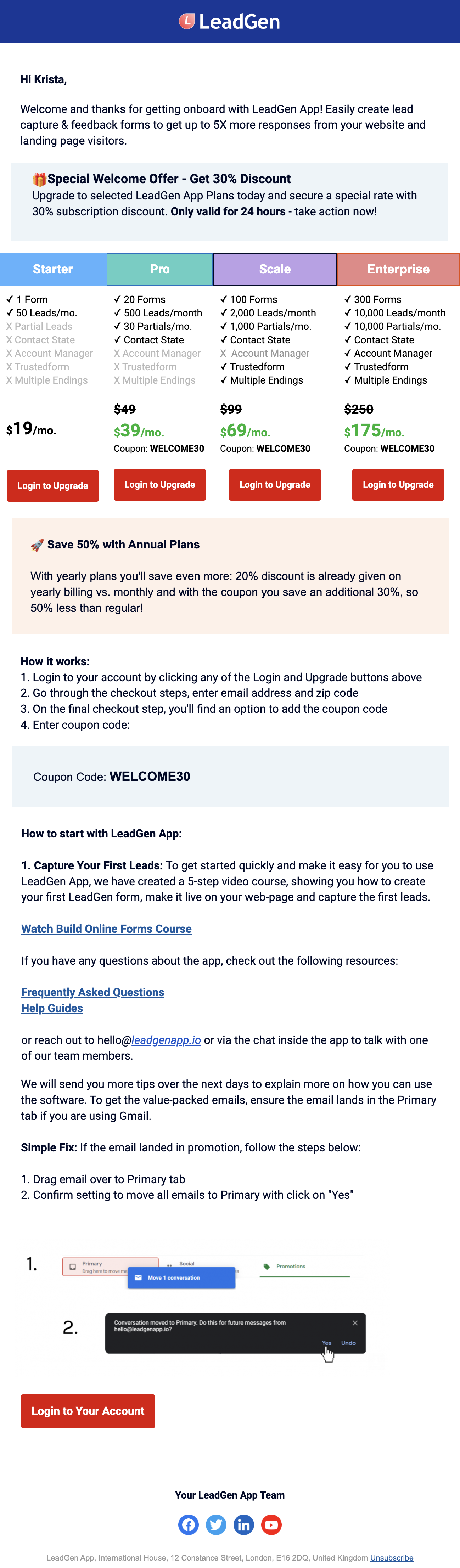 SaaS Welcome Email: Screenshot of LeadGen App's welcome email