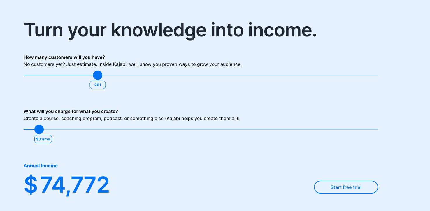 Email Marketing in Other Industries: Screenshot of Kajabi's potential calculator