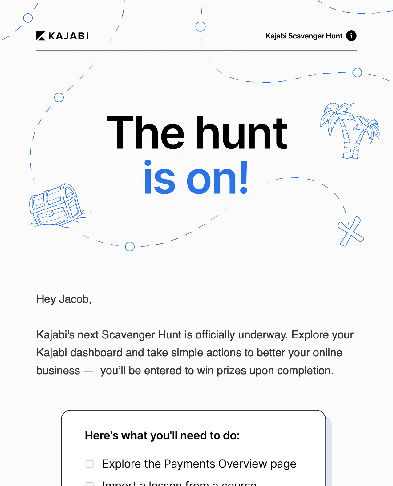 Email Marketing in Other Industries: Screenshot of Kajabi's scavenger hunt page