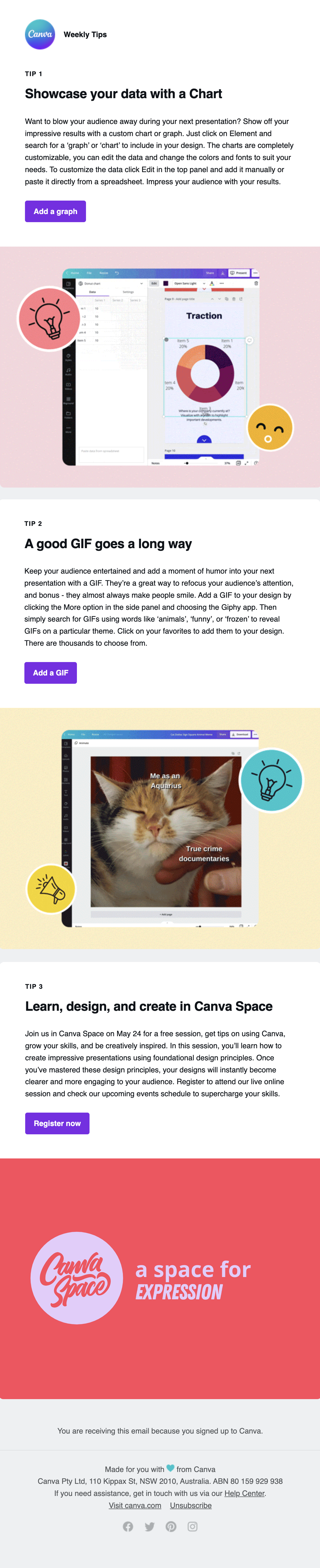 GIFs in SaaS Emails: Screenshot of Canva's product tips email