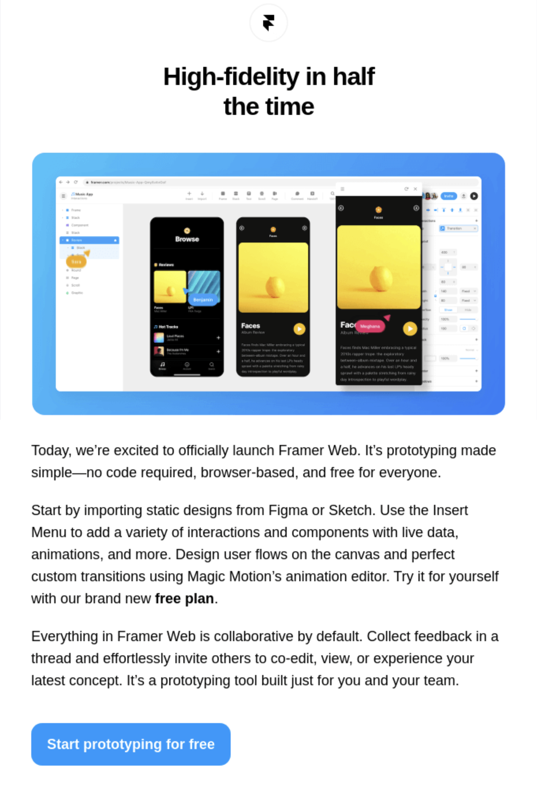 GIFs in SaaS Emails: Screenshot of Framer's product launch email
