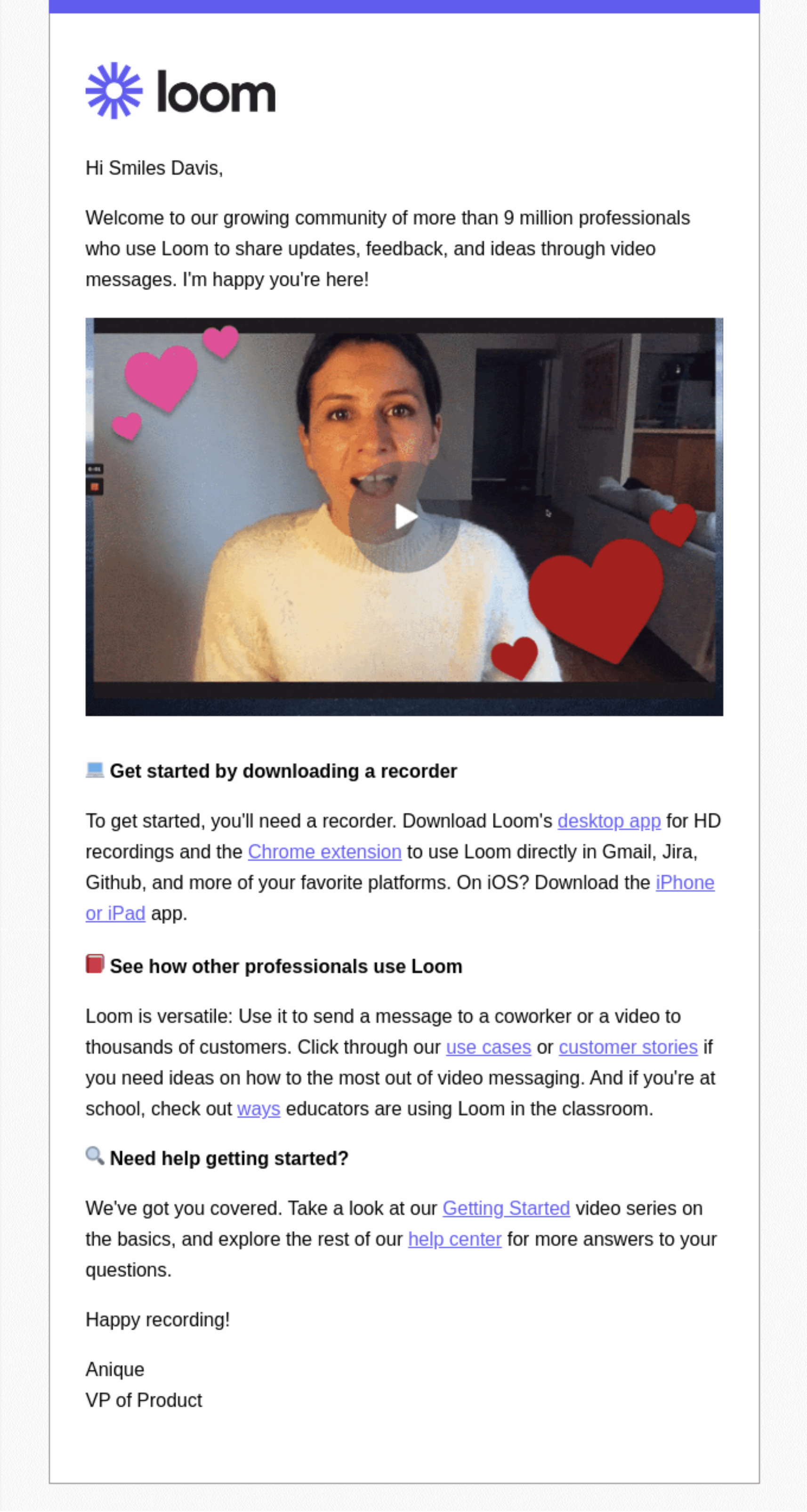 GIFs in SaaS Emails: Screenshot of Loom's welcome email