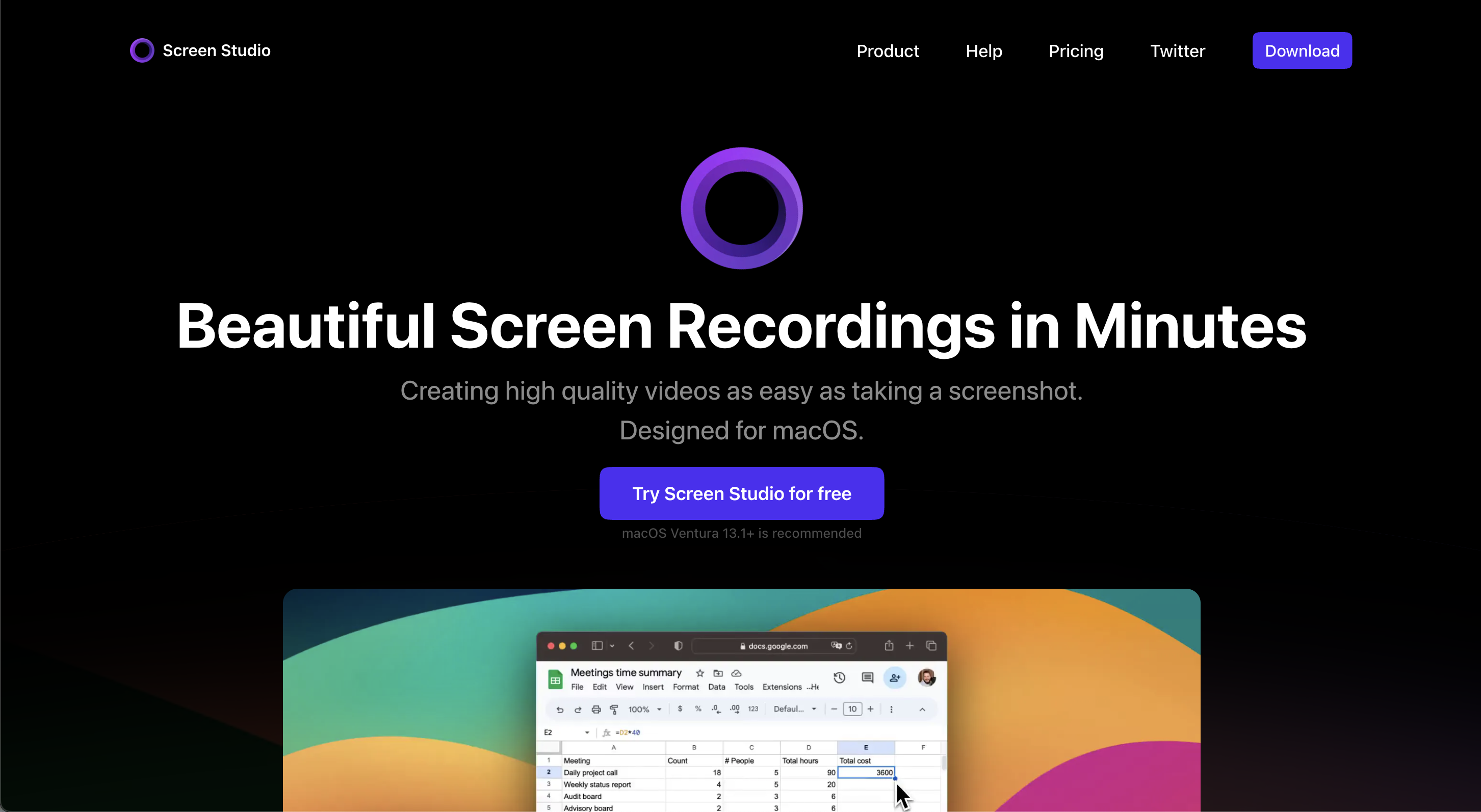 GIFs in SaaS Emails: Screenshot of Screen Studio's homepage