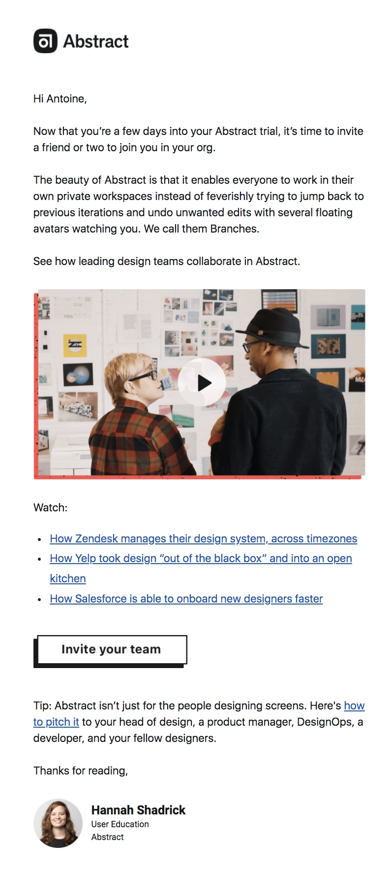 SaaS Invite Your Team Emails: Screenshot of Abstract's email nudging users to invite team members