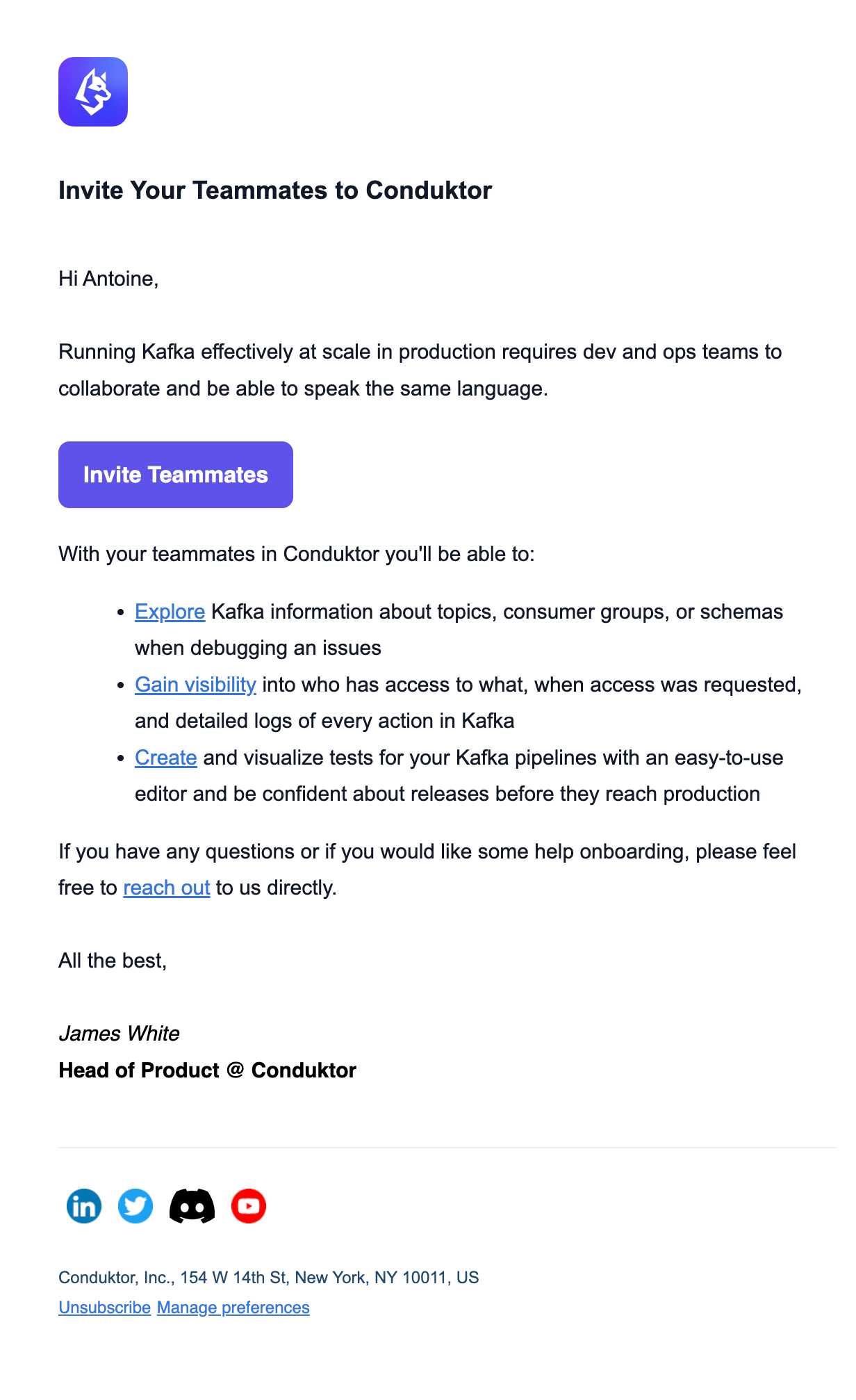 SaaS Invite Your Team Emails: Screenshot of Conduktor's email nudging users to invite team members
