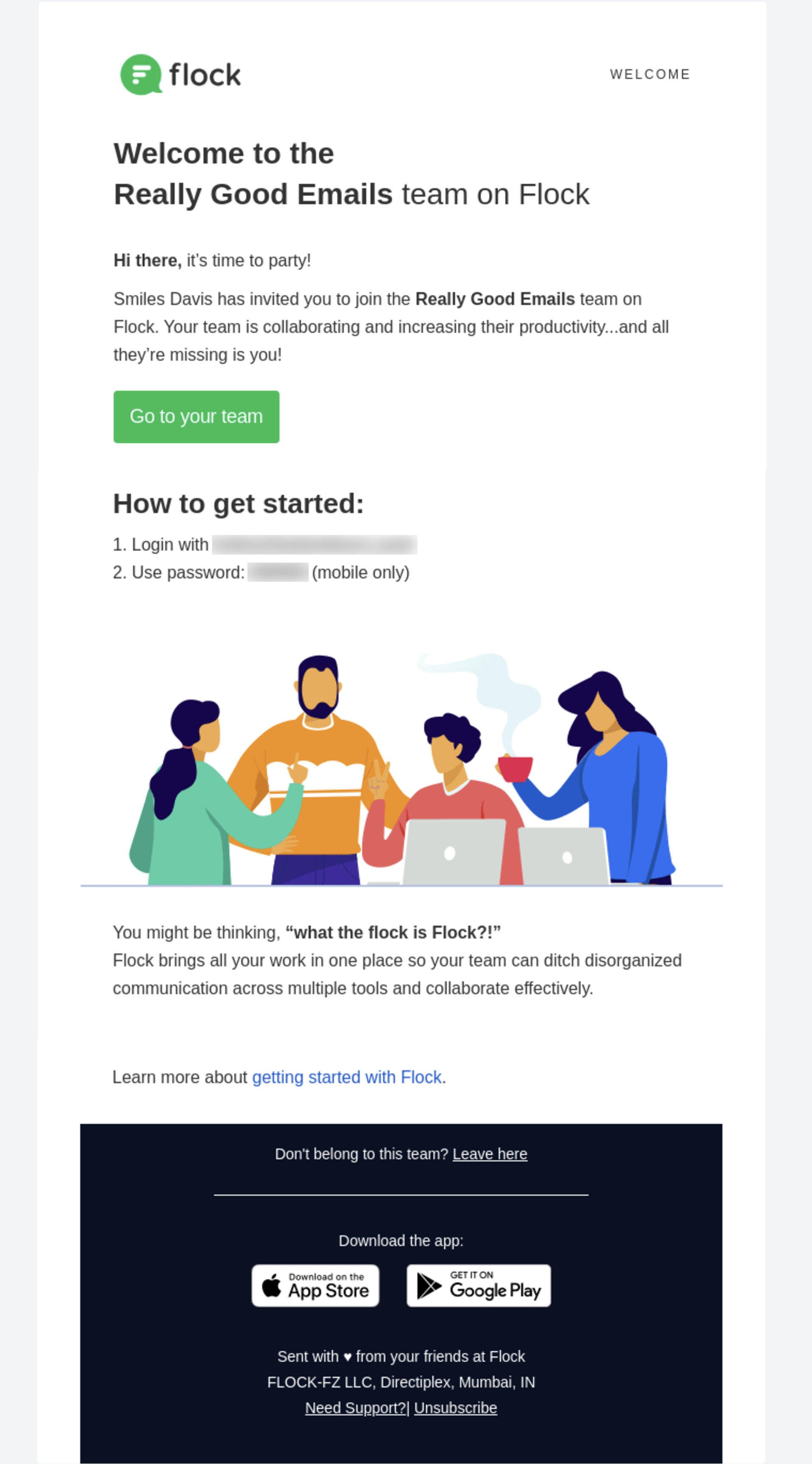 SaaS Invite Your Team Emails: Screenshot of Flock's email about a team invitation