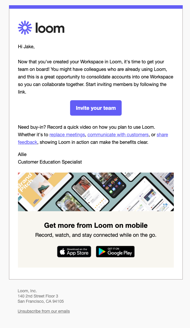 SaaS Invite Your Team Emails: Screenshot of Loom's email nudging users to invite team members