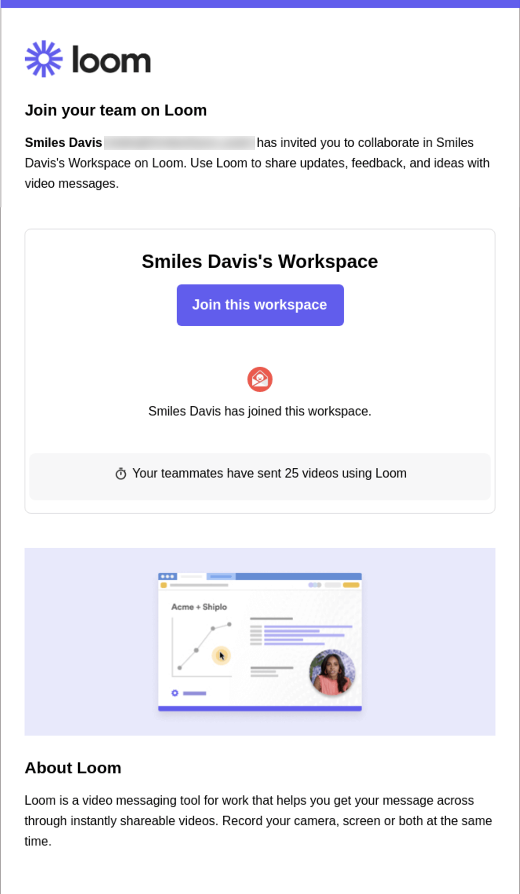 SaaS Invite Your Team Emails: Screenshot of Loom's email about a team invitation