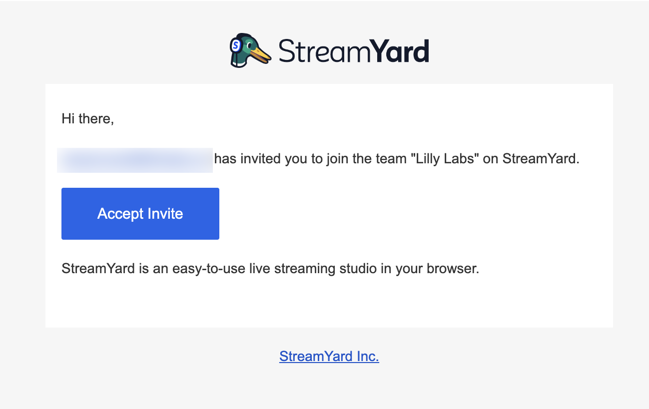 SaaS Invite Your Team Emails: Screenshot of StreamYard's email about a team invitation