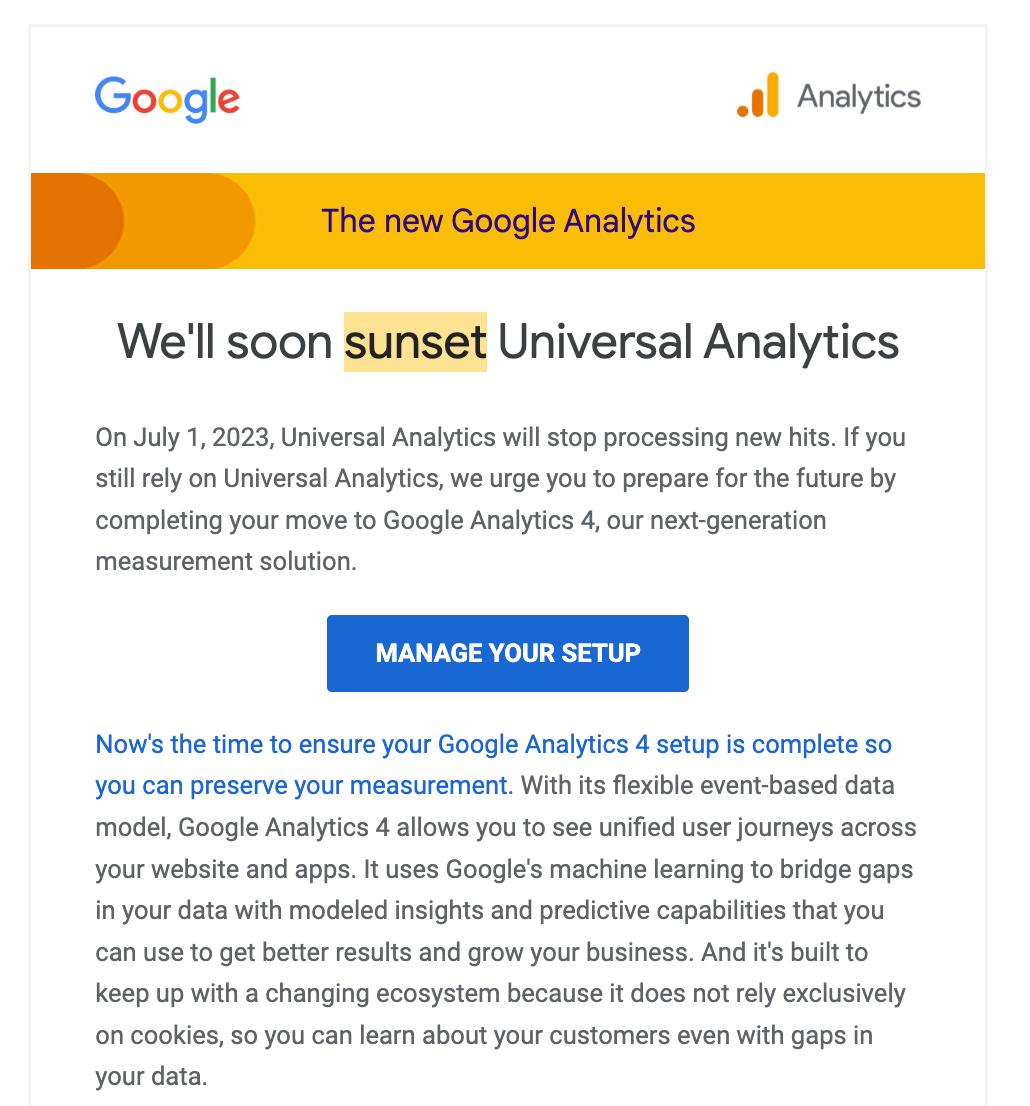 Saas Sunset Emails: Screenshot of Google's feature sunset email