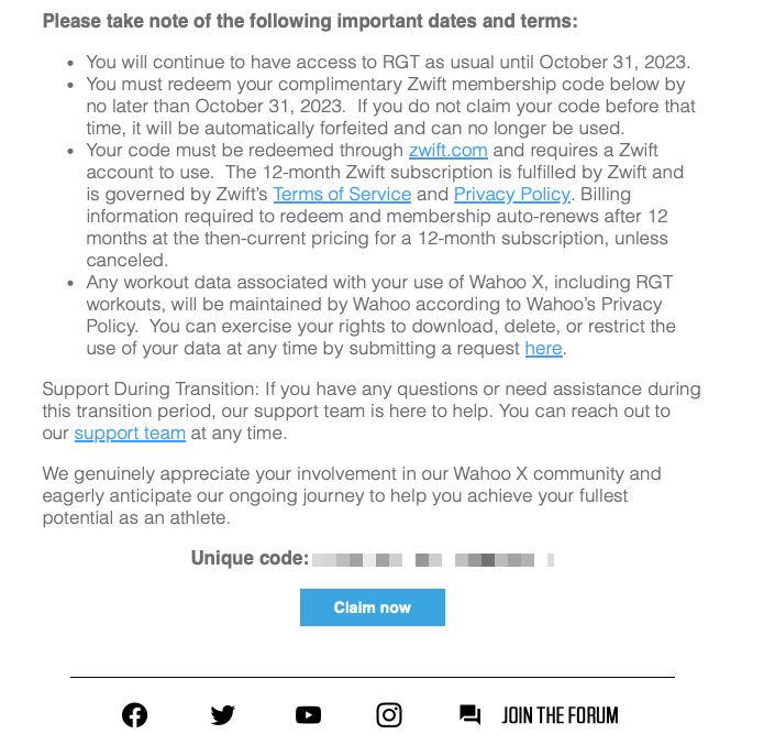 Saas Sunset Emails: Screenshot of Wahoo RGT's product sunset email