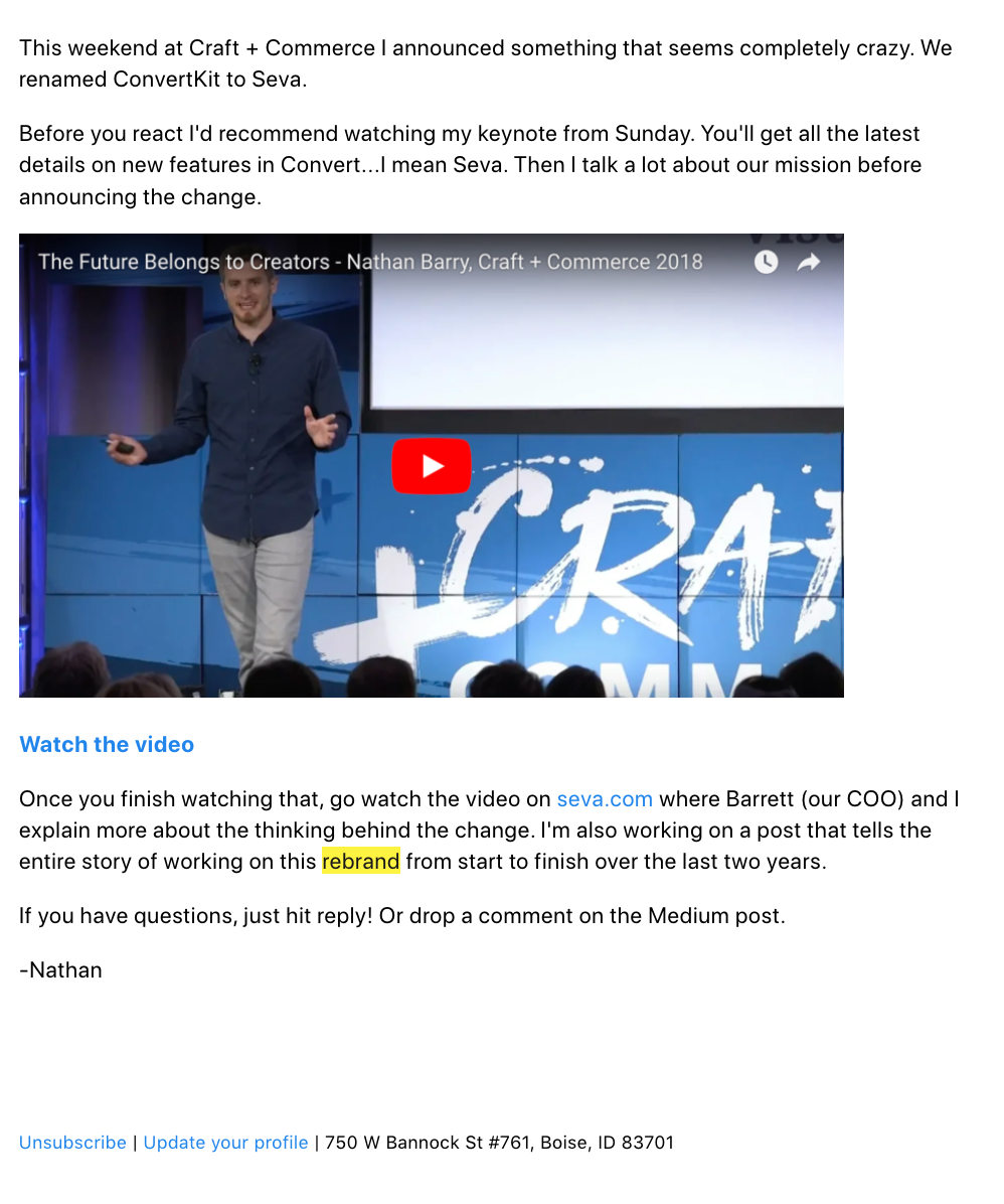 SaaS Rebranding Announcement Emails: Screenshot of ConvertKit's 2018 email announcing its renaming to Seva