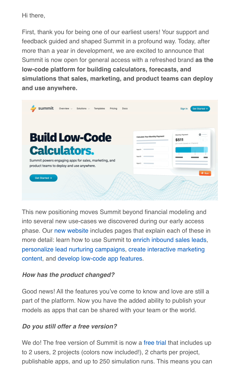 SaaS Rebranding Announcement Emails: Screenshot of Summit's email announcing its product positioning and new brand