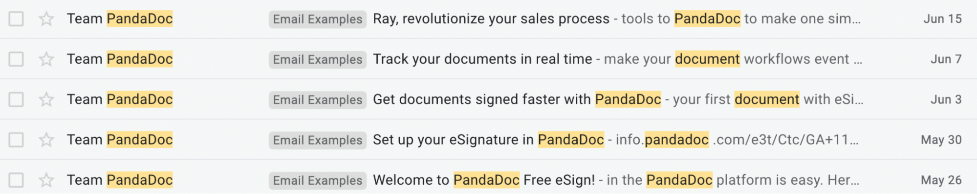 SaaS Email Nurture Campaigns: PandaDoc's nurture emails previewed from an inbox