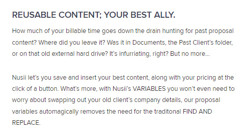 SaaS Landing Page Tips with Josh Garofalo: Screenshot of Nusii using the language of creative agencies
