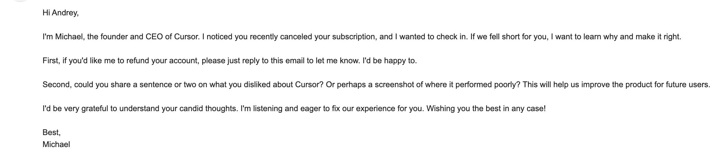 SaaS Plain Text Emails: Screenshot of Cursor's plain text email