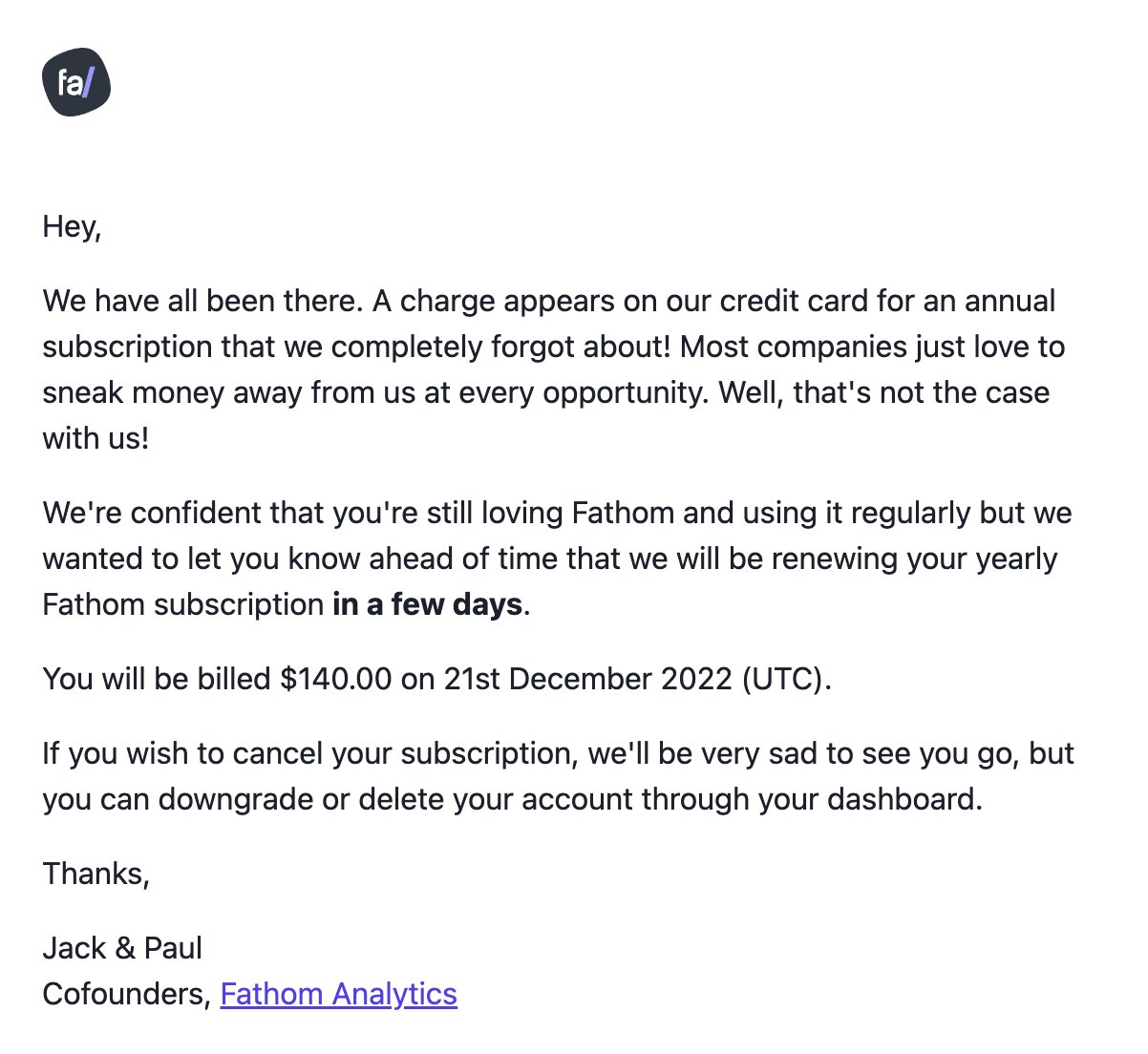 SaaS Renewal Email Examples: Fathom's renewal email