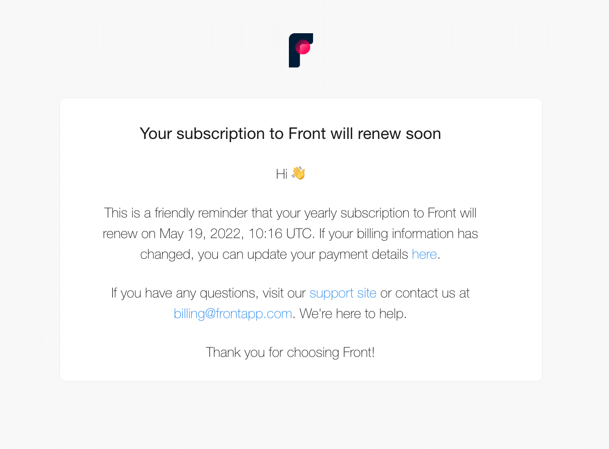 SaaS Renewal Email Examples: Front's renewal email