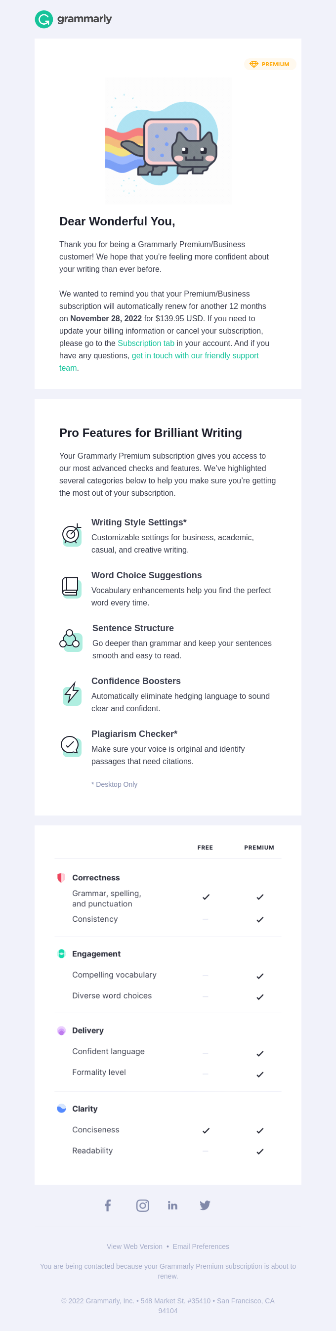 SaaS Renewal Email Examples: Grammarly's renewal email