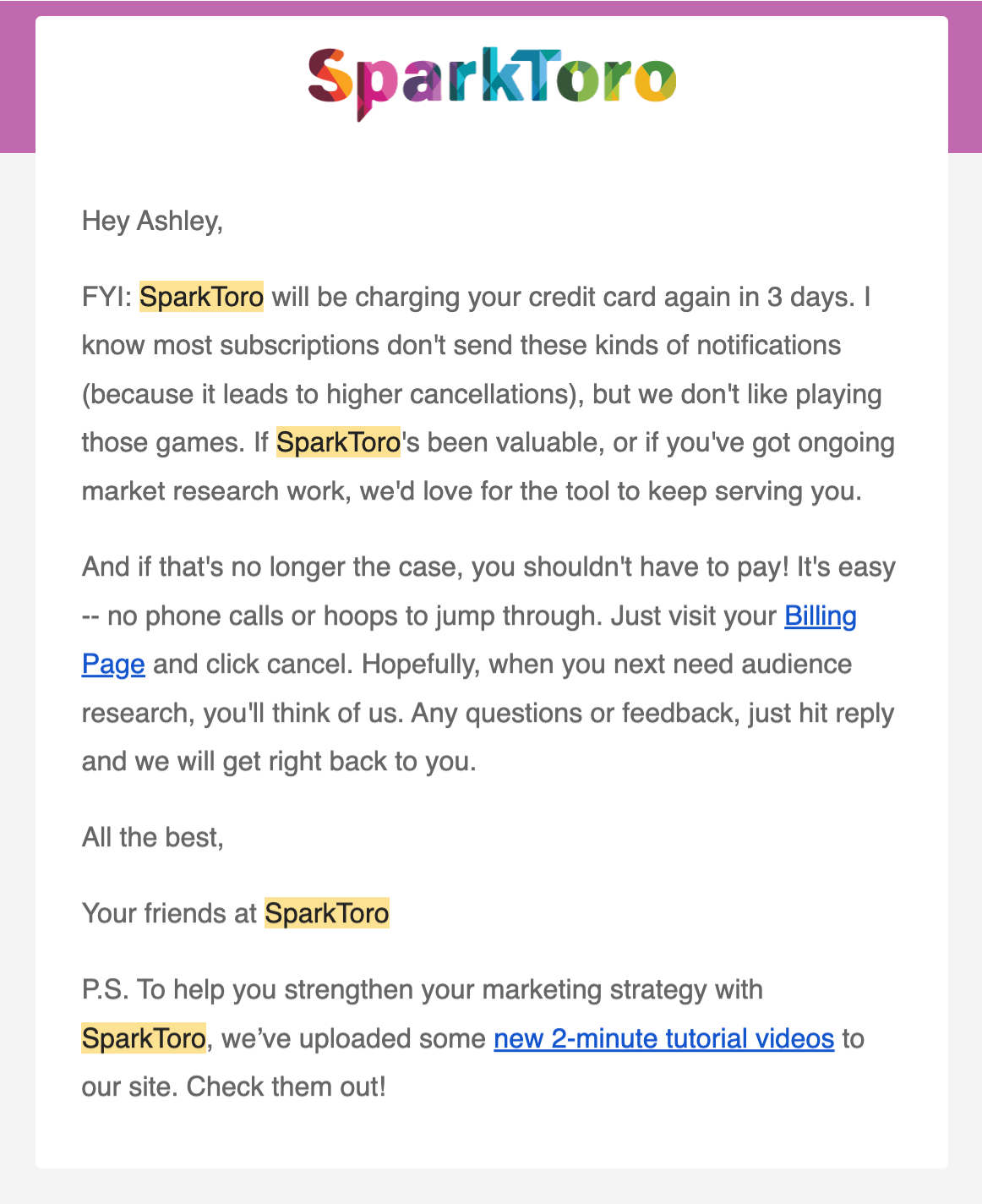 SaaS Renewal Email Examples: SparkToro's renewal email