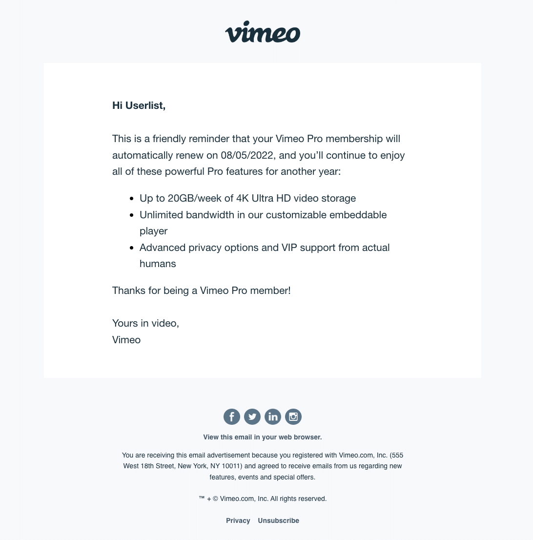 SaaS Renewal Email Examples: Vimeo's renewal email