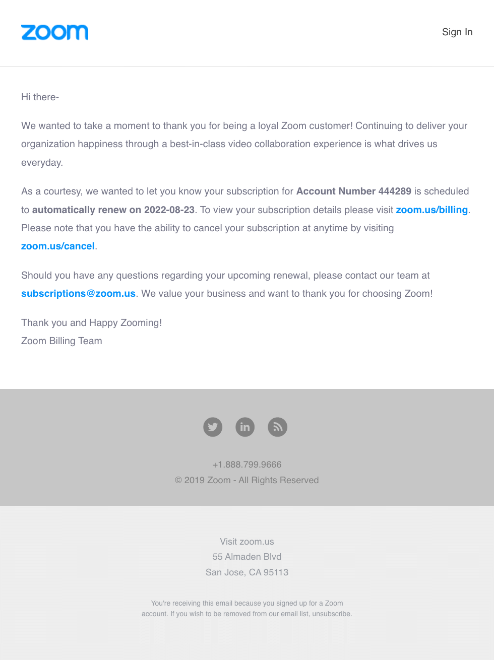 SaaS Renewal Email Examples: Zoom's renewal email