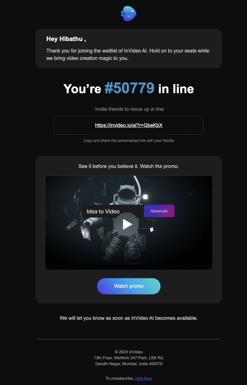 SaaS Waitlist Emails: Screenshot of InVideo AI's email showing the user's spot on their waitlist