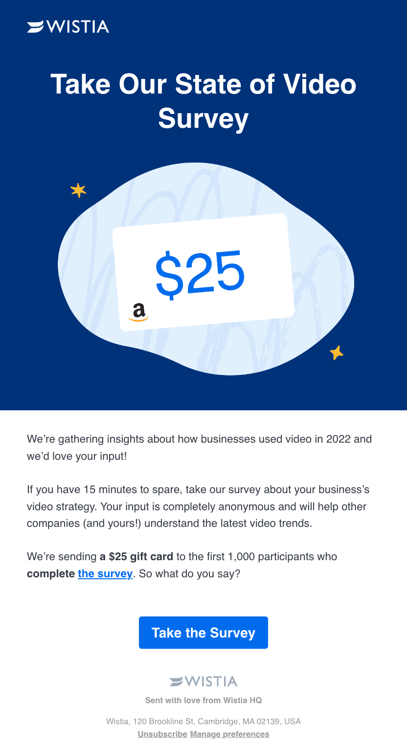 Survey Email Examples: Screenshot of Wistia's survey email