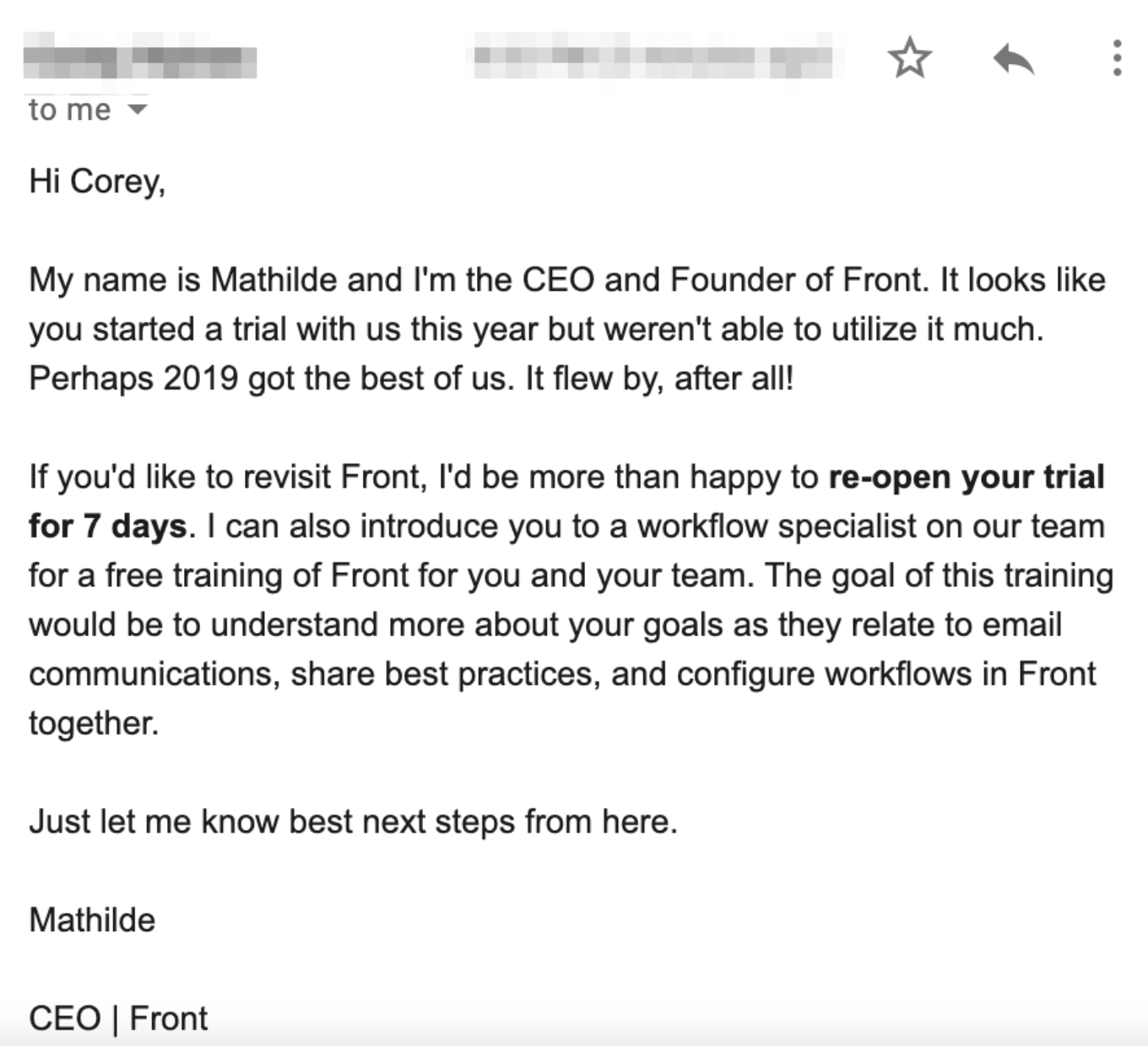 SaaS Trial Expiration Emails: Screenshot of trial expiration email from Front