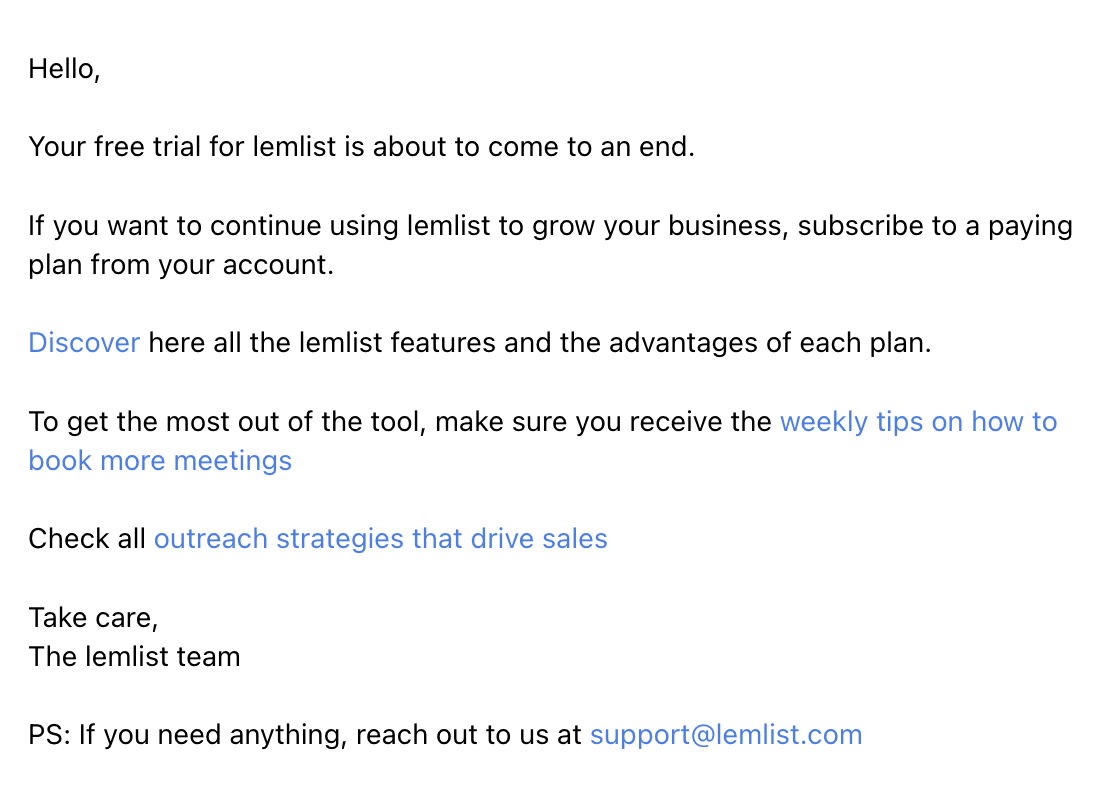 SaaS Trial Expiration Emails: Screenshot of trial expiration email from Lemlist