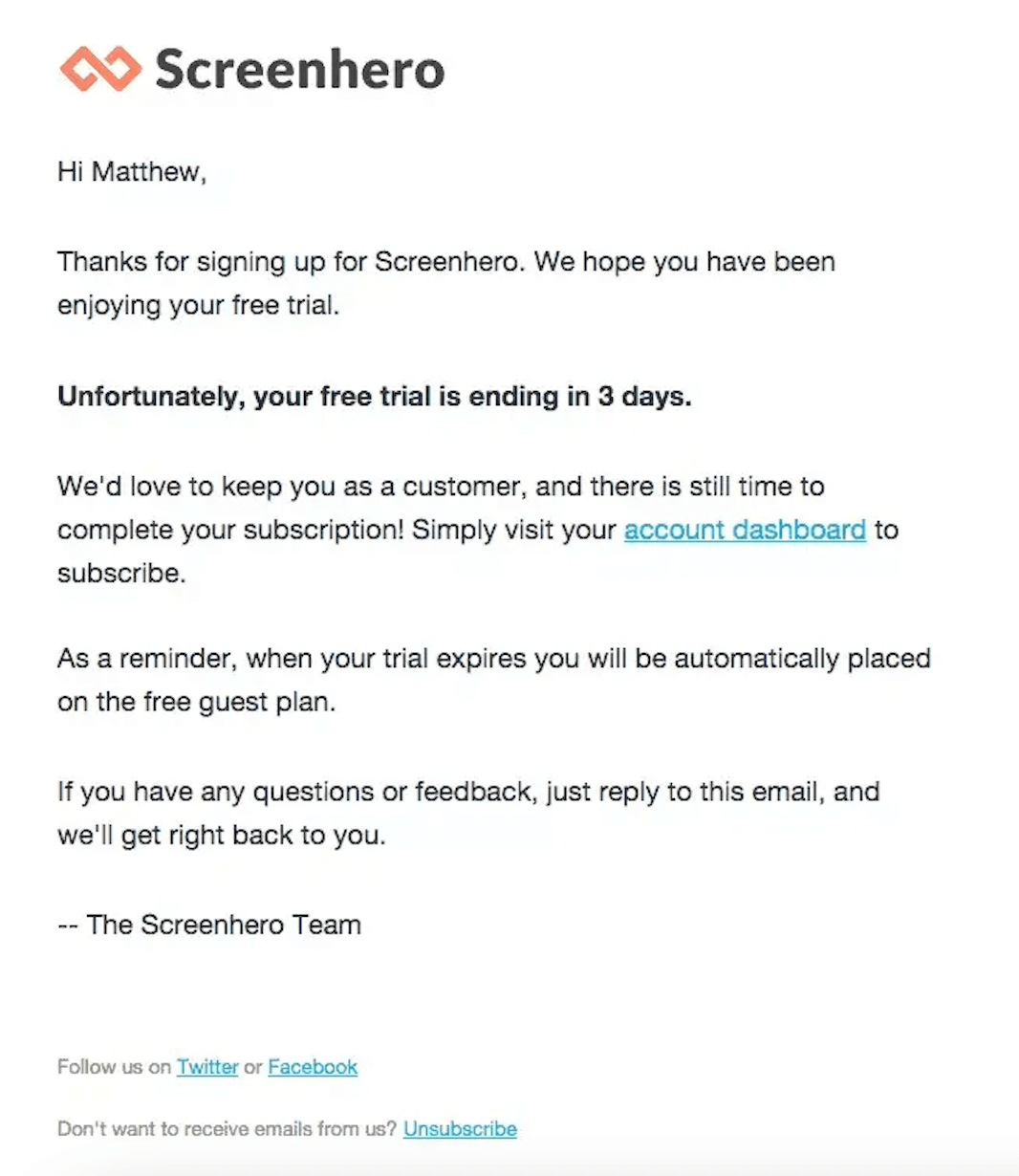 SaaS Trial Expiration Emails: Screenshot of trial expiration email from Screenhero