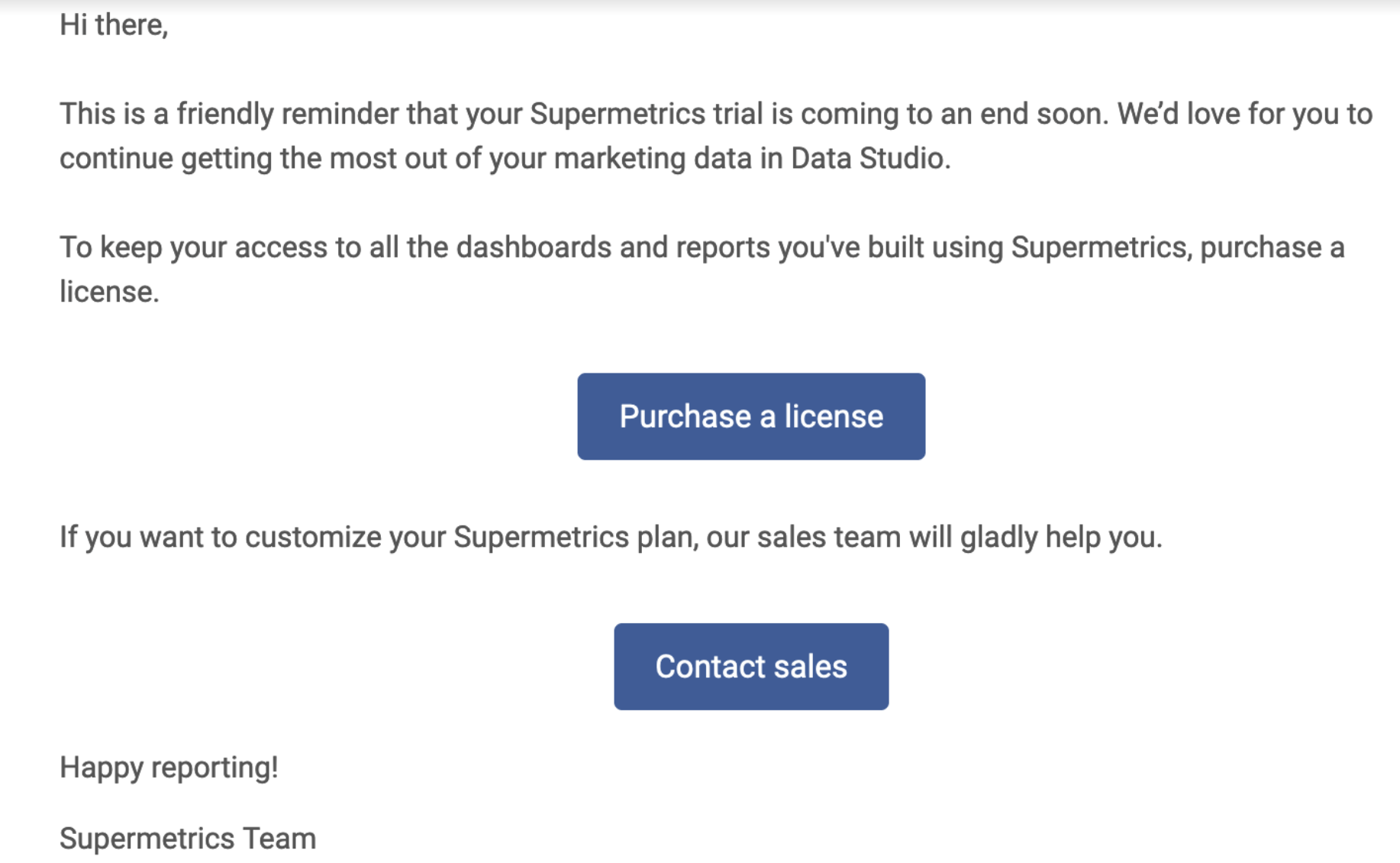 SaaS Trial Expiration Emails: Screenshot of trial expiration email from Supermetrics