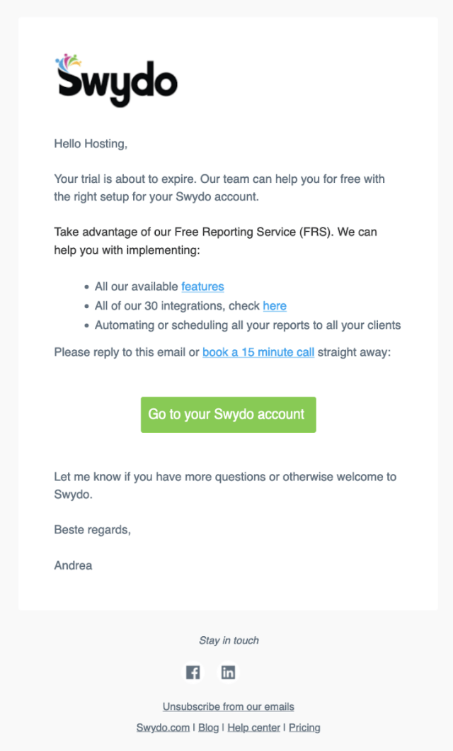 SaaS Trial Expiration Emails: Screenshot of trial expiration email from Swydo