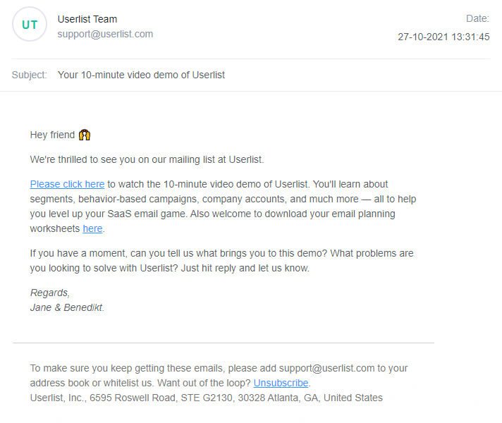 Trigger-Based Email Marketing: Screenshot of Userlist's welcome email