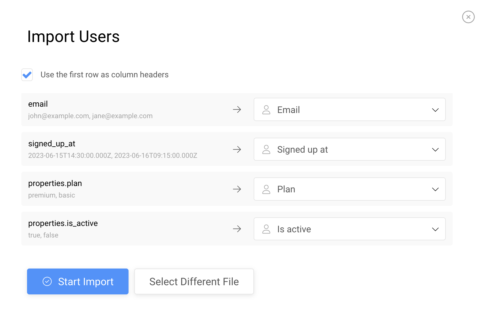 Screenshot showing user import modal on Userlist