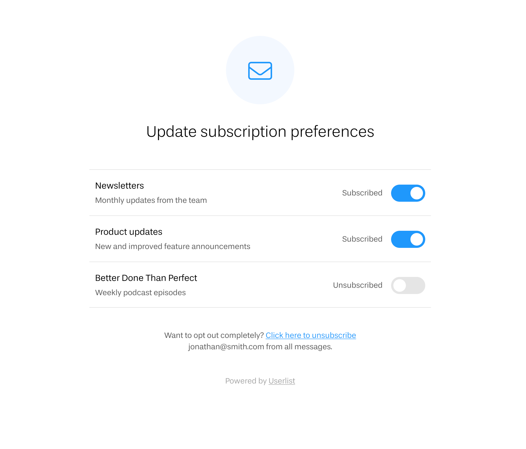 Display a subscription preference center