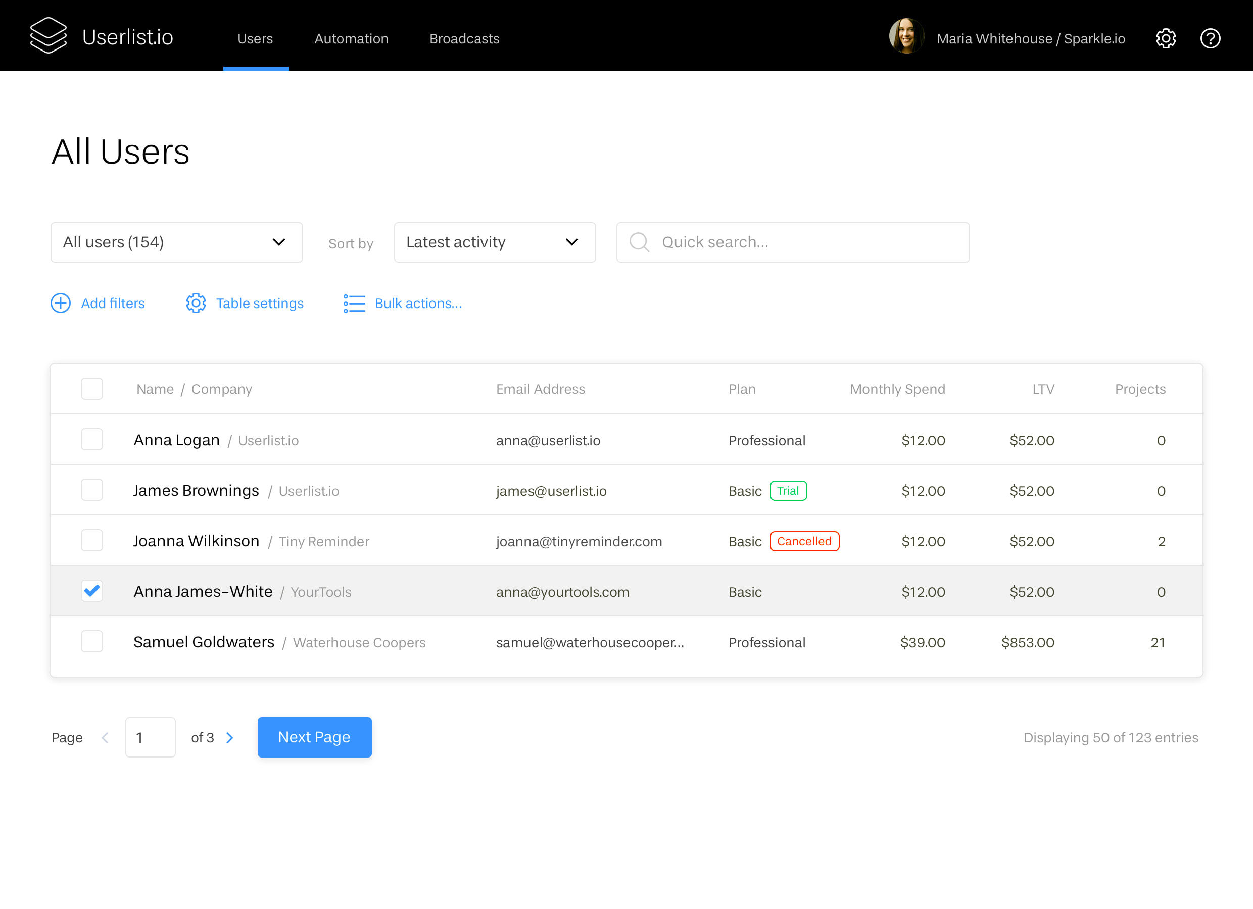 The Chicken or the Egg? Explaining Our Early Product Design Decisions: Screenshot of the user list at Userlist