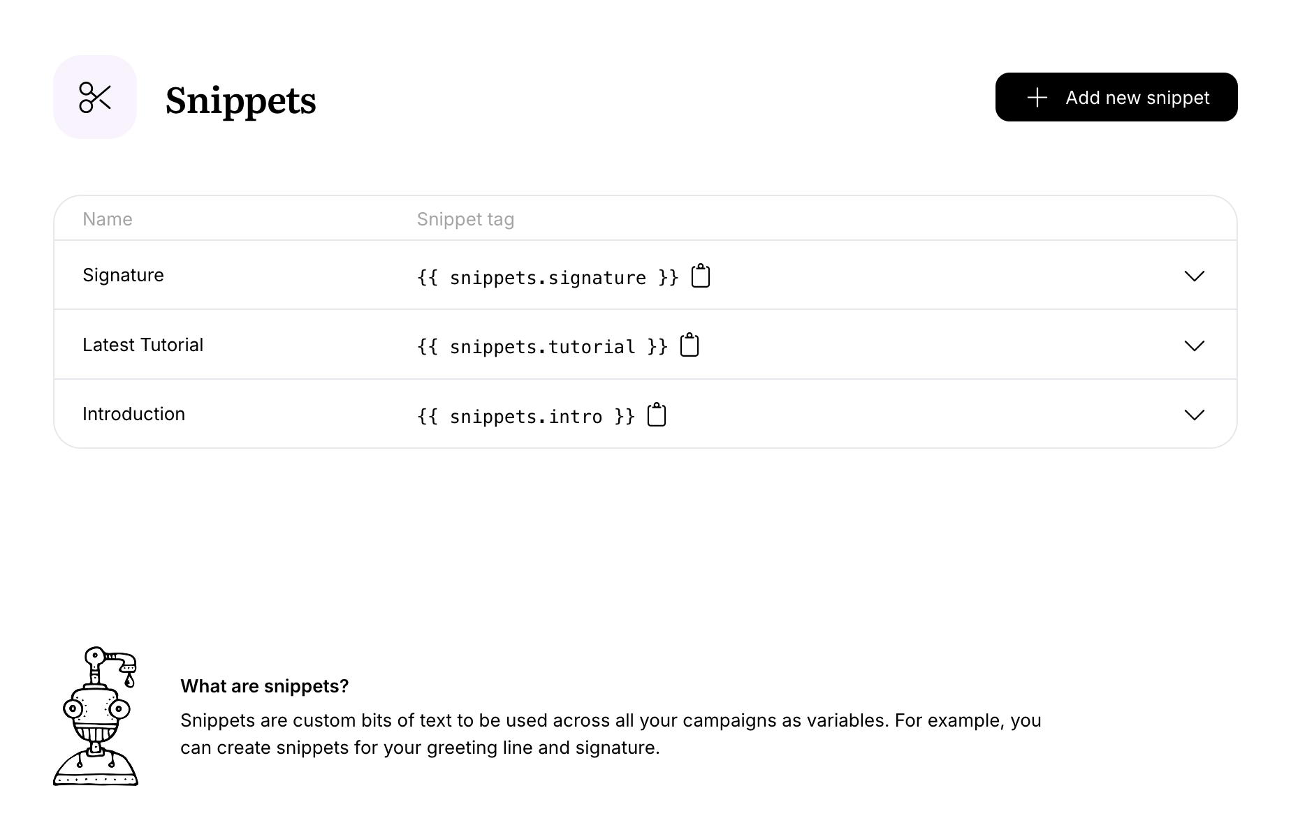 Screenshot of the snippets page on Userlist