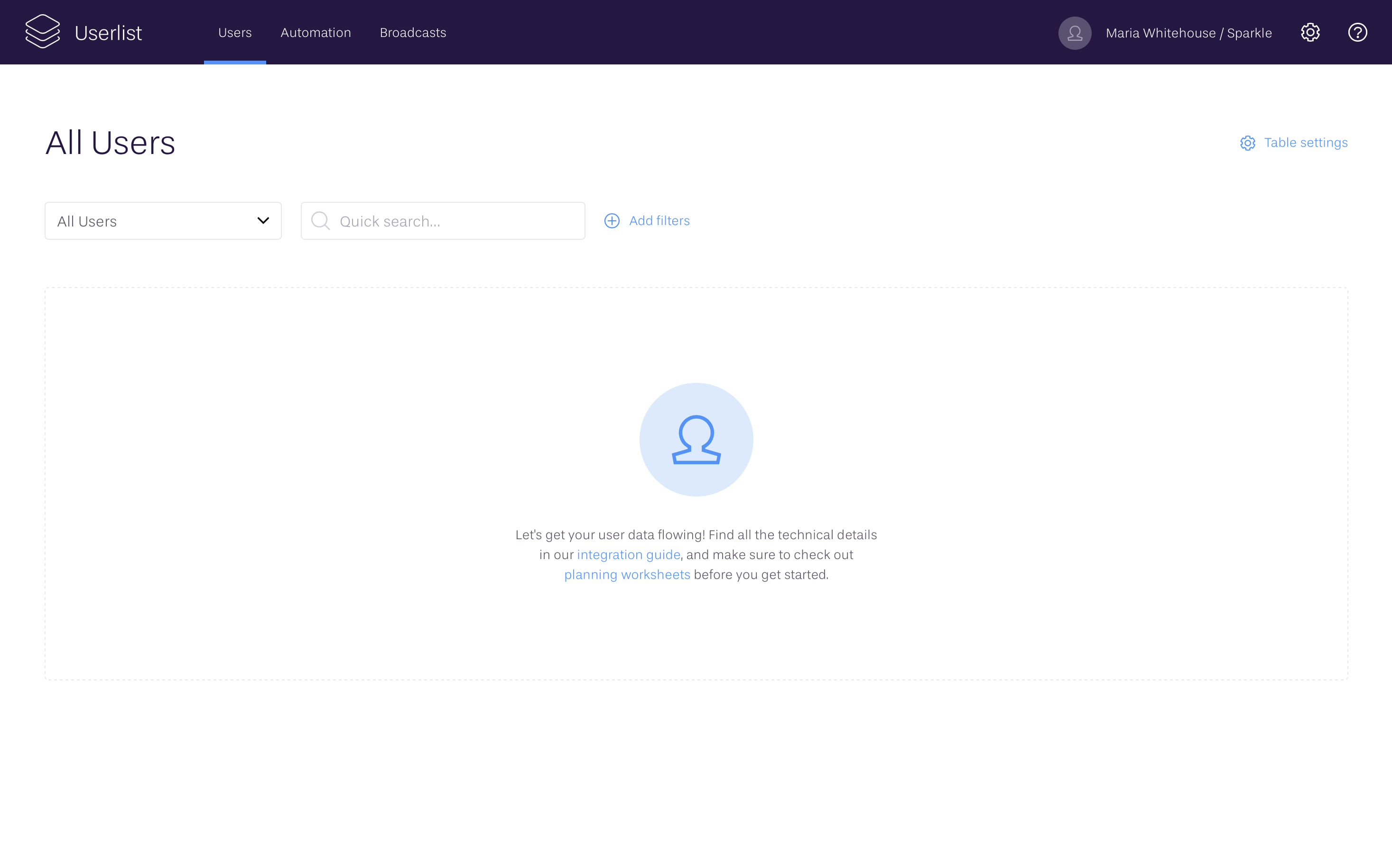 User Onboarding at Userlist: Screenshot of our app's blank slate
