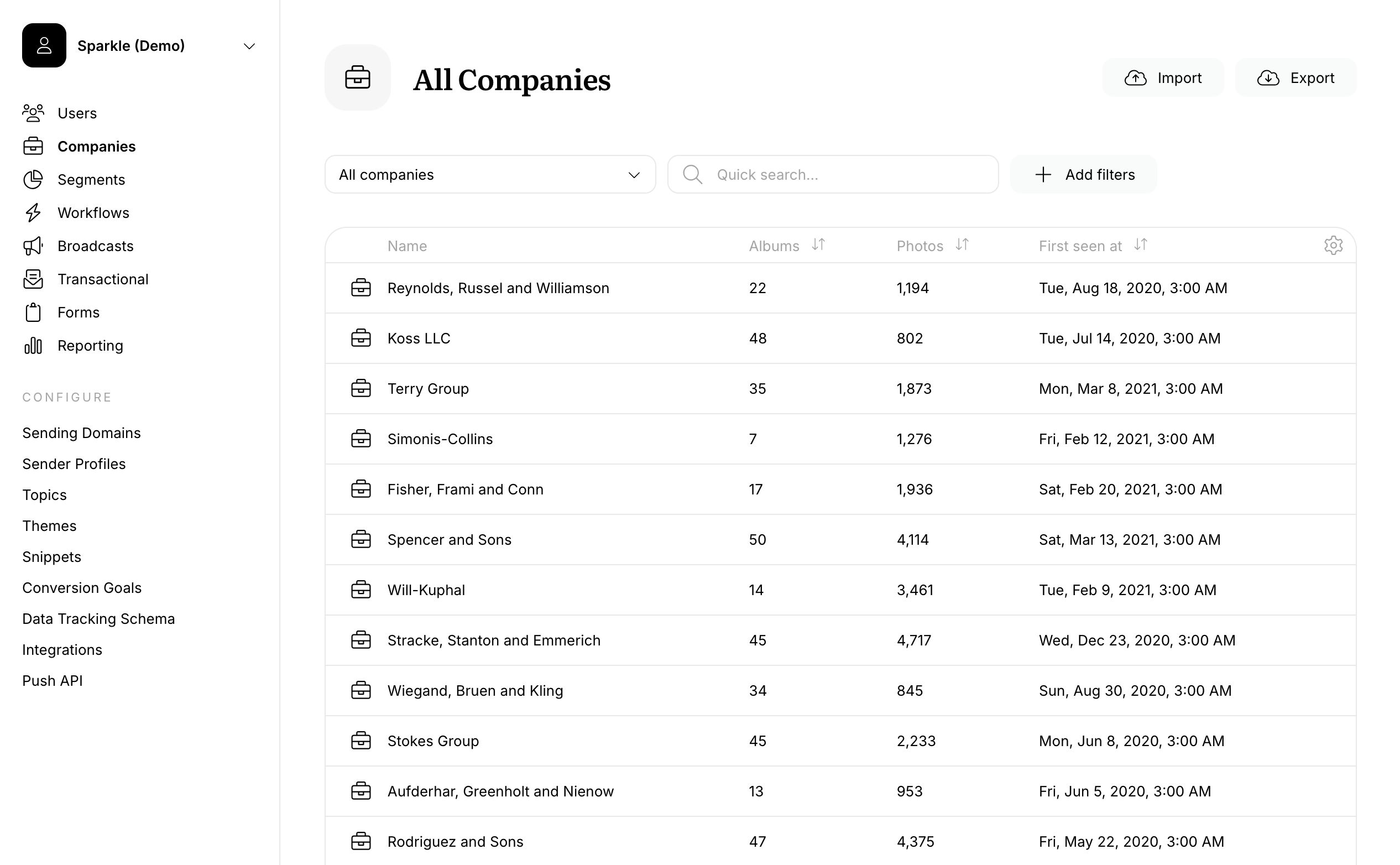 Screenshot of companies list on Userlist
